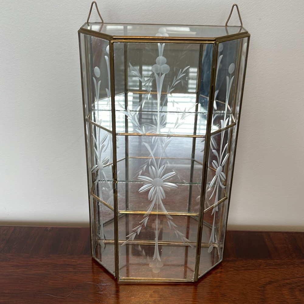Vintage Brass, Mirror and Glass Etched Glass curio cabinet